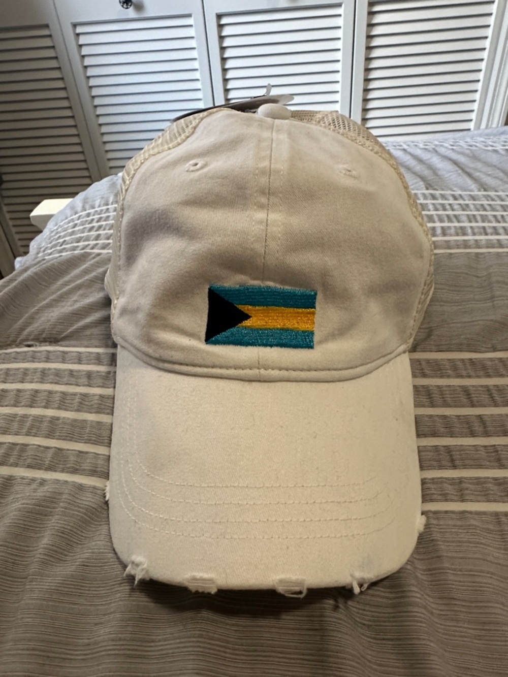 Robin Ruth White Cap with Bahamian Flag Embroidery